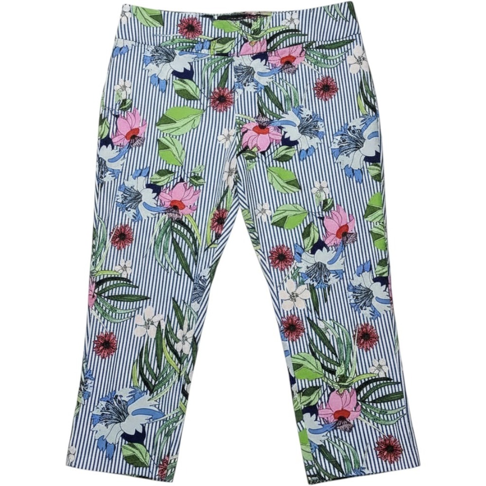 Zac & Rachel Womens Floral Striped Pull On Crop Pants Size 14 Blue White Pink